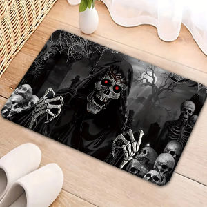 VIKAMA Grim Reaper Skeleton Halloween Doormat Gothic-Style Non-Slip Absorbent Entryway and Bathroom Rug Home Decor