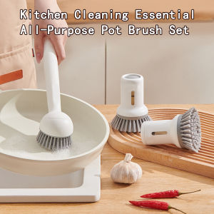 2Pcs Long & Short Handle Kitchen Brush Set - Liquid-Fillable Rotating Scrubber for Pots Pans Dishes & Utensils All-Purpose Cleaning Brush for Sinks Stove & Cookware