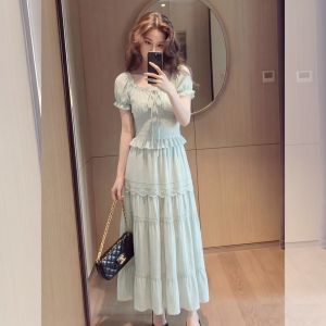 YIKEMAI | Đầm Maxi Elegance Tay Bồng Phong Cách Pháp Dây Ruy Băng Cỡ Lớn