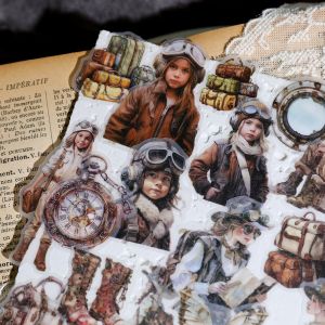 56pcs Scrapbooking Supplies Stickers Vintage Junk Journal Ephemera Translucent Self-Adhesive Sulfuric Acid Paper Frosted Matte Surface Writable Material Steampunk Travel Theme