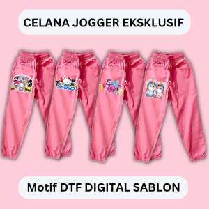 CELANA JOGGER PINK DTF ANAK PEREMPUAN MOTIF TERBARU LUCUU DIGITAL PRINTING SABLON