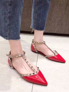 Fashionable Korean Style Flat Bottom Shoes with Rivets Hollow out Design Pointed Toe Buckle Closure Womens Leather Sandals
