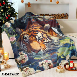 Beast Kingdom | Watercolor Tiger Cherry Winter Summer Flannel Blanket Throw Fleece Soft Fuzzy Plush Cozy Fleece Blankets for Sofa Ideal Gifts