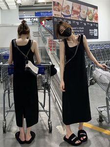 Black Strap Dress for Women Autumn Inner Wear Small Figure Midi Length
