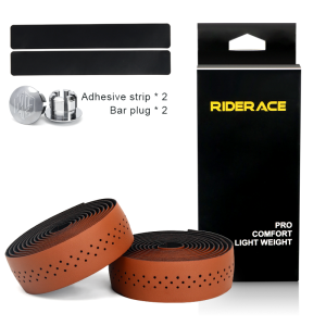 RIDERACE | Road Bike Handlebar Tape With 2 Bar Plug Bicycle Handlebar Tape PU Leather Perforated Breathable Soft Anti-Slip Shock Absorption