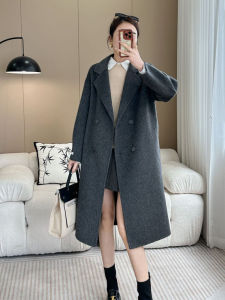 Áo Khoác Len Hai Mặt Màu Xám Cao Cấp Cho Nữ Dài Đến Đầu Gối Nút Đôi Kiểu Dáng Phong Cách Hàn Quốc Áo Khoác Len Ấm Áp Mùa Đông