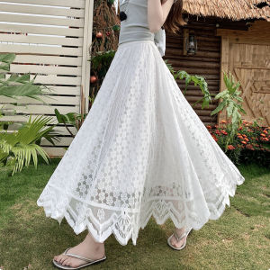 Elegant High Waist Lace Embroidered Net Skirt Womens Cheongsam Half-length Slimming Draping Flared Long Skirt Polyester Fiber