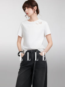 Elle French Hollow Design Short Sleeve T-Shirt Womens Simple Style Spring New Arrival Cotton Polyester Blend round Neck
