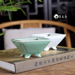 White Porcelain Ceramic Small Square Flower Pot Crackled Glaze Vintage Simple Style Desktop Flower Plant Potted Plants Vase