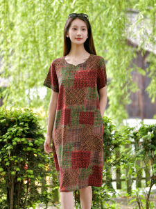 Silk Cotton Dress Artificial Cotton Medium Length Loose Slimming Skirt for Middle-Aged And Elderly Fashionable Commute Style