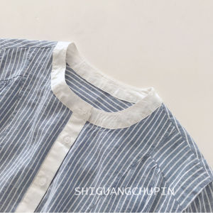 Japanese Style Elegant Stripes Series Top Shirt Color Matching Collar Loose Work Clothing Cotton Short Sleeve Shirt for Women Summer