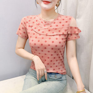 Yimei Áo thun in Chấm Bi Polka tay ngắn nữ trang phục mùa hè Áo lưới ren cảm giác thiết kế Châu Âu phong cách phương Tây ôm vừa áo nhỏ viền diềm Xếp Nếp nhảy múa