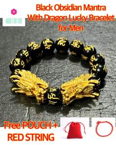 Black Obsidian Mantra With Dragon Health Career Protection Lucky Charm Bracelet For Men