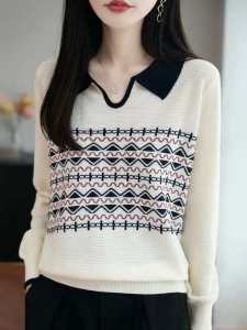 เสื้อสเวตเตอร์ถักแขนยาวทรงหลวมสไตล์ใหม่ปี 2025 สำหรับผู้หญิง คอปกพับ สวมใส่สบาย เส้นใยขนสัตว์เนื้อนุ่ม แขนยาว ปกติ