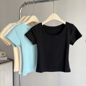 Áo Thun Nữ Cổ Chữ U Ôm Vừa Vặn Mùa Hè Tay Ngắn Phong Cách Hàn Quốc Đơn Giản Cổ Điển Cotton 92% Polyester 8%