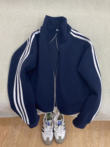 OUMULONG | Navy Three-stripes Hoodie Short Jacket