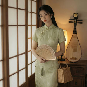 Vintage Pure Color Short Sleeve Breathable Daily Green Lace College Entrance Exam Qipao Dress