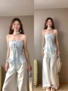 French Butterfly Knot Tie Top Women Summer Atmosphere Waist Cinching Slimming Sleeveless Trendy One Shoulder T-Shirt Commute Style