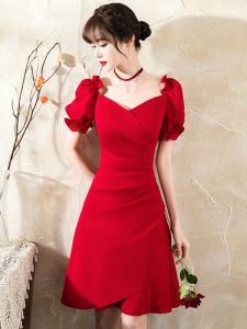 Elegant Short Wedding Dress Womens Slim Fit Simple Style Polyester Fabric Bubble Sleeve A-Line Skirt Wedding Celebration Party Dress