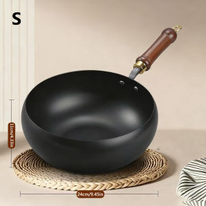 Healthy Uncoated Cast Wok - Traditional Handmade Belly Pan with Lid Non-Stick Small Flat Bottom Cooking Pot for Home Stir-Fry