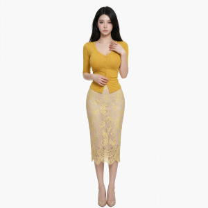 qiaocong | Bộ Đầm Thun V-Neck Phong Cách Pháp Dây Ren