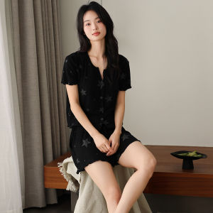 MiiOW | ชุดนอนผ้าไหมน้ำแข็งสำหรับผู้หญิง ชุดนอนฤดูร้อนบาง แขนสั้น กางเกงขาสั้น ชุดนอนในบ้าน น่ารัก อบอุ่น แขนสั้น คอวี