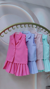 Ribbon Coquette Terno Set for Kids Girls 5-12Y Cute Vest Tops + Pleated Skirt Formal Casual Christmas Outfit for Girls