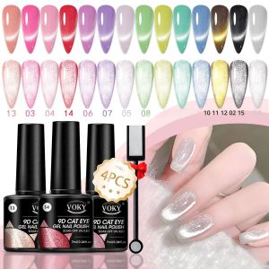 VOKY 4 ชิ้น 9D ชุดกาวตาแมวแม่เหล็ก รวมถึงเครื่องมือแม่เหล็กสองหัว ขนาดเล็กและน่ารัก เหมาะสําหรับร้านทําเล็บที่บ้าน