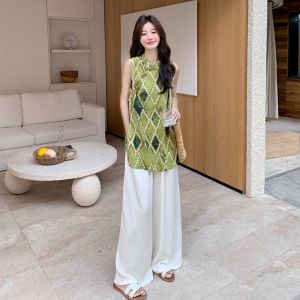 YINLUOYA | Fashionable Summer Outfit Two-Piece Set Sleeveless Vest Tank Top Wide Leg Pants Ensemble Elegant Style Korean Trend 2025
