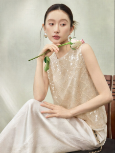 SUSHE | Elegant Chinese Design Diamond Lace Embroidery Scoop Neck Sleeveless Breathable Tank Top