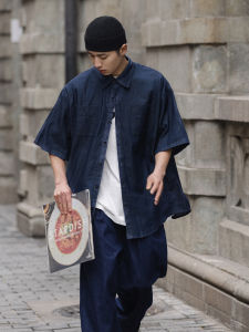 Noears Japanese Style Cityboy Retro Dark Blue Thin Denim Lapel Shirt Short Sleeve Summer Workwear Shirt