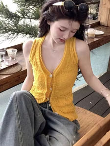 chaqi | Yellow V-neck Ice Silk Knitted Strap Vest Women Summer Outdoor Wear Slim Fit Short Sleeveless Top Fashion Commute Style
