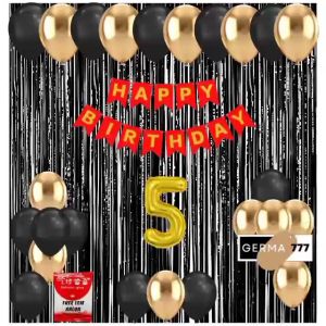Paket Set Dekorasi Backdrop Pesta Balon Ulang Tahun Anak Banner Happy Birthday Merah Tirai Hitam