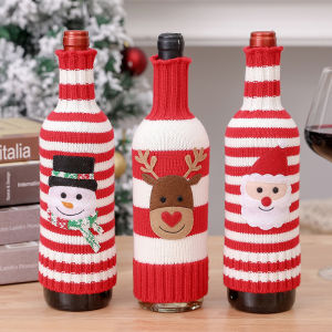 New Christmas Decoration Wool Acrylic Knitted Striped Wine Bottle Cover Elk Snowman Red Wine Champagne Wine Bottle Cover