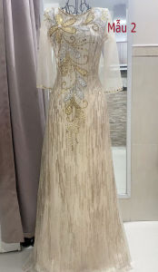 áo dài kim sa kim tuyến áo dài bà sui dự tiệc-Kem