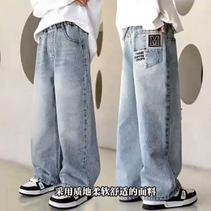 Jeans For Kids Boy 6-12yrs Letter Embroidery Baggy Pants For Kids Boy Street Style Denim Pants For Kids Boy ootd For Kids Boy