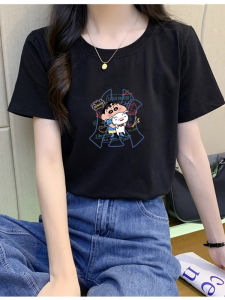 Trendy Cotton Short Sleeve T-Shirt Womens Loose Fit Base Shirt Commute Style Creative Pattern round Neck Moisture Wicking