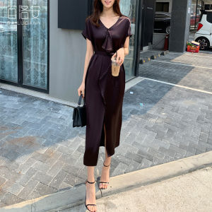 BAILUOANN | Elegant V-neck Long Acetate Dress With Pleated Sides High Waist Tied Summer New Style Womens Skirt By Biloan Commute Style