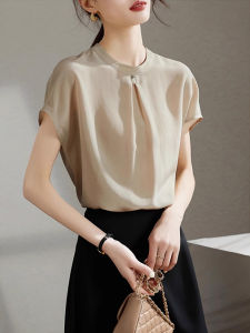  Silk French Style Elegant Short Sleeve Shirt for Women Summer Design Slim Fit Button Up Crewneck Pullover