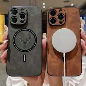 CrashStar MagSafe Deer Leather Hard Shockproof Phone Case For iPhone 15 14 Pro Max Plus 13 12 11 Pro Max Mini X XR XS Max Wireless Charging Phone Casing Cover With Full Cover Lens Camera Protection