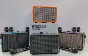 QIXI SK-2080 Loud Speaker KARAOKE Wireless Bluetooth with Colorful Flashing Lights and Two Wireless Microphone