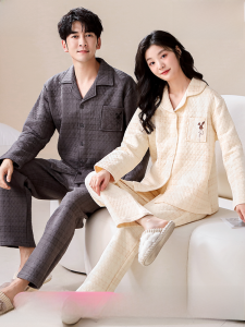Miiow | Thickened Pure Cotton Pajamas Set For Couples Womens Long Sleeve Long Dress Home Clothes Warm Autumn Winter Outwear