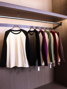 Anti-Wrinkle Loose Casual Long Sleeve round Neck Color Block Base Shirt Womens T-shirt B722 Comfortable Breathable Cotton Blend