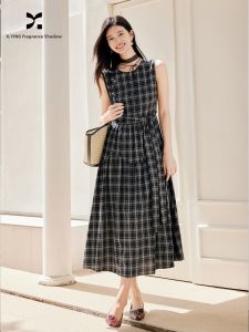 XIANGYING | Black Plaid Sleeveless Dress Womens A-Line Waisted Medium-Length Retro French Style