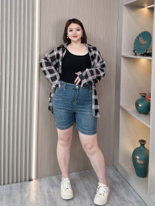 Blue Denim High Waist Elastic Casual Shorts Womens plus Size Summer Slimming Jeans Loose Fit Pocket Detail Straight Leg Pants