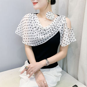 YIMEI เสื้อทรงพองชุดผ้าชีฟองเปิดไหล่ลายจุดคอวีสำหรับผู้หญิงเสื้อยืดแขนสั้นผ้าฝ้ายติดเล็บเสื้อสีตัดกัน