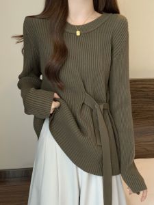 Áo Len Dệt Kim Dáng Rộng Không Đều Cho Nữ Mùa Thu 2025 Áo Lót Bên Trong Giúp Thon Gọn Áo Len Cardigan Cổ Tròn Dài Tay