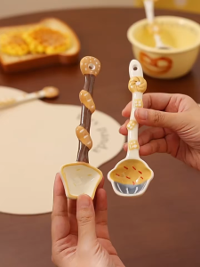 Cute Ceramic Spoon Long Handle Soup Spoon Teaspoon Rice Spoon Dessert Spoon Food Grade Underglaze Color Cream Style Creative Aesthetic Tableware Personal Use Kids Spoon for Porridge Yogurt Ice Cream Breakfast Home Kitchen Dining Cutlery Elegant Lovely Spo