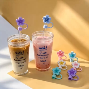 Nắp Bịt Ống Hút Hình Hoa Hải Đường Begonia Nhiều Màu Silicone Kèm Ống Thủy Tinh Trang Trí Cốc