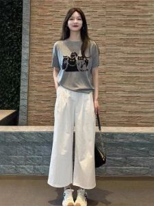 VKSOD | Bộ đồ hai mảnh in họa tiết hoạt hình rộng rãi thoải mái thời trang mùa hè cho nữ tay ngắn cổ tròn quần ống rộng